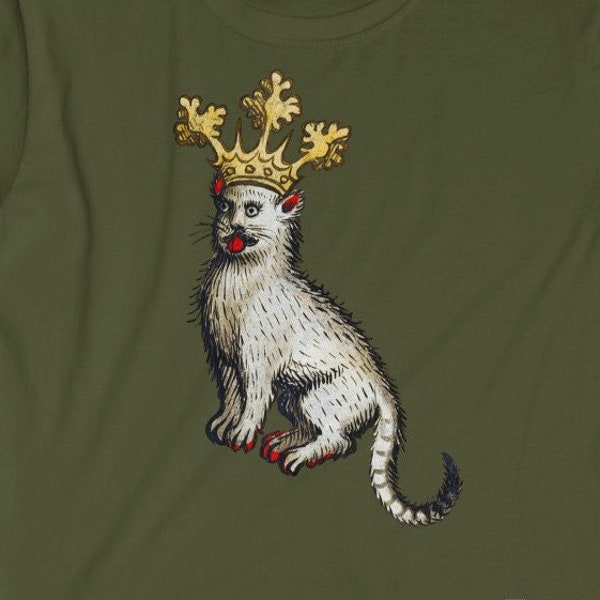 Mittelalterlicher Katzenkönig | Unisex T-Shirt | Antikes Vintage Handschrift Kunst Kunstwerk Mittelalter Deutschland Malerei Wappen Ritter Krone Haustier Meme