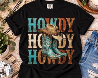 Howdy PNG, Western PNG, Cowboylaarzen sublimatieontwerp, Cowgirl shirt, Turquoise laarzen DTF-ontwerp, Western digitale download