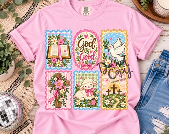 God is goed PNG, christelijke PNG, sublimatieontwerp met geloofspatchwork, Bijbelkruis, lam en duif, religieuze PNG, digitale download