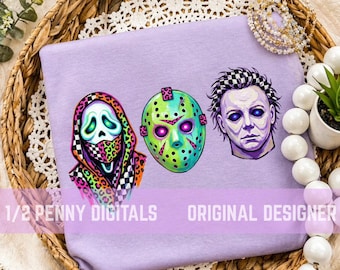 Neon Horror Icons PNG | Ghostface Jason Michael Myers Sublimation Design | Retro Halloween PNG | Spooky Preppy Horror Shirt Design | Digital
