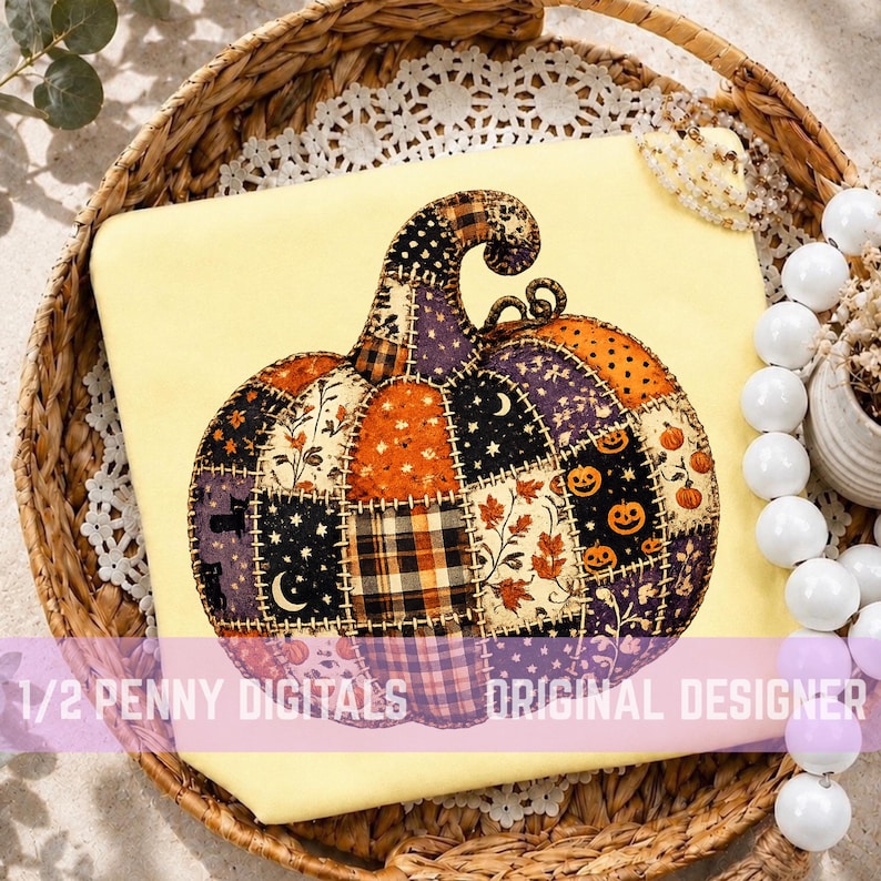 May include: A light yellow t-shirt featuring a large, central pumpkin graphic composed of various patchwork fabric patterns in orange, black, and purple, including motifs of stars, moons, leaves, and jack-o'-lanterns, with the text 1/2 PENNY DIGITALS ORIGINAL DESIGNER.