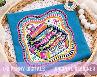 Goede dingen komen in blikken Sardine, png PNGEgg | Kleurrijke vissenafbeelding | Zomers kustontwerp | Boutique-sublimatiebestand
