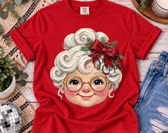 Mevrouw Claus PNG, schattige kerst PNG, gezicht van mevrouw Claus PNG, kerst sublimatie ontwerp, feestshirt, vintage kerstvrouw