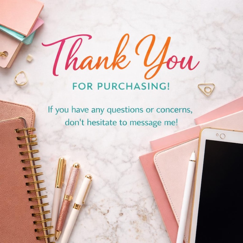 May include: A thank you note with the text Thank You FOR PURCHASING! If you have any questions or concerns, don't hesitate to message me! The note is surrounded by pink notebooks, three pens, and a tablet on a white marble-patterned surface.