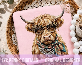 Boujee Highland Cow PNG Design, Trendy Farm Animal Sublimation, Highland Cow With Glasses Graphic, Boutique Shirt PNG Download