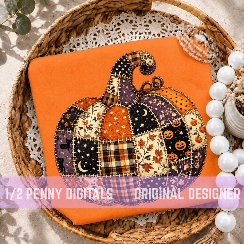 May include: A bright orange t-shirt featuring a large, central graphic of a patchwork pumpkin. The pumpkin is composed of various fabric patterns including plaid, floral, moon and star motifs, and jack-o'-lantern faces. Text reads 1/2 PENNY DIGITALS ORIGINAL DESIGNER.
