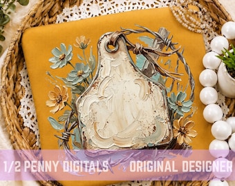Western Cow Tag PNG, Floral Cow Tag Design, Decor Rustiek Ranch, Cowgirl Western Artwork, Boerderij Tag Illustratie, Country Boutique png