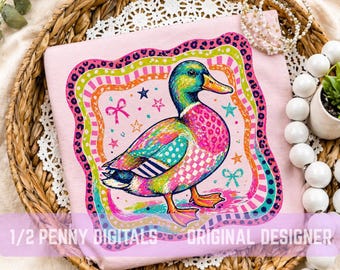 Preppy Duck PNG | Colorful Patchwork Mallard Design | Cute Farmhouse Graphic | Sublimation Download