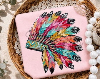 Boho veren hoofdtooi PNG, Westers ontwerp met veren sublimatie, kleurrijke tribale hoofdtooi digitale download
