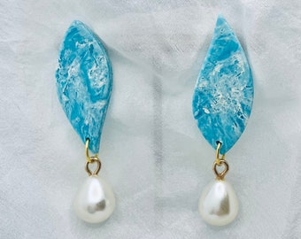 The Frozen Teardrops and Pearls Asymmetric Snow Queen Winter Polymer Clay Statement Earrings