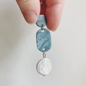 The Ava Blue and White Marble Pearl Polymer Clay Earrings image 6