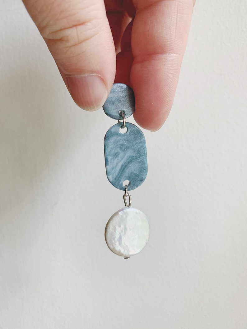 The Ava Blue and White Marble Pearl Polymer Clay Earrings image 6