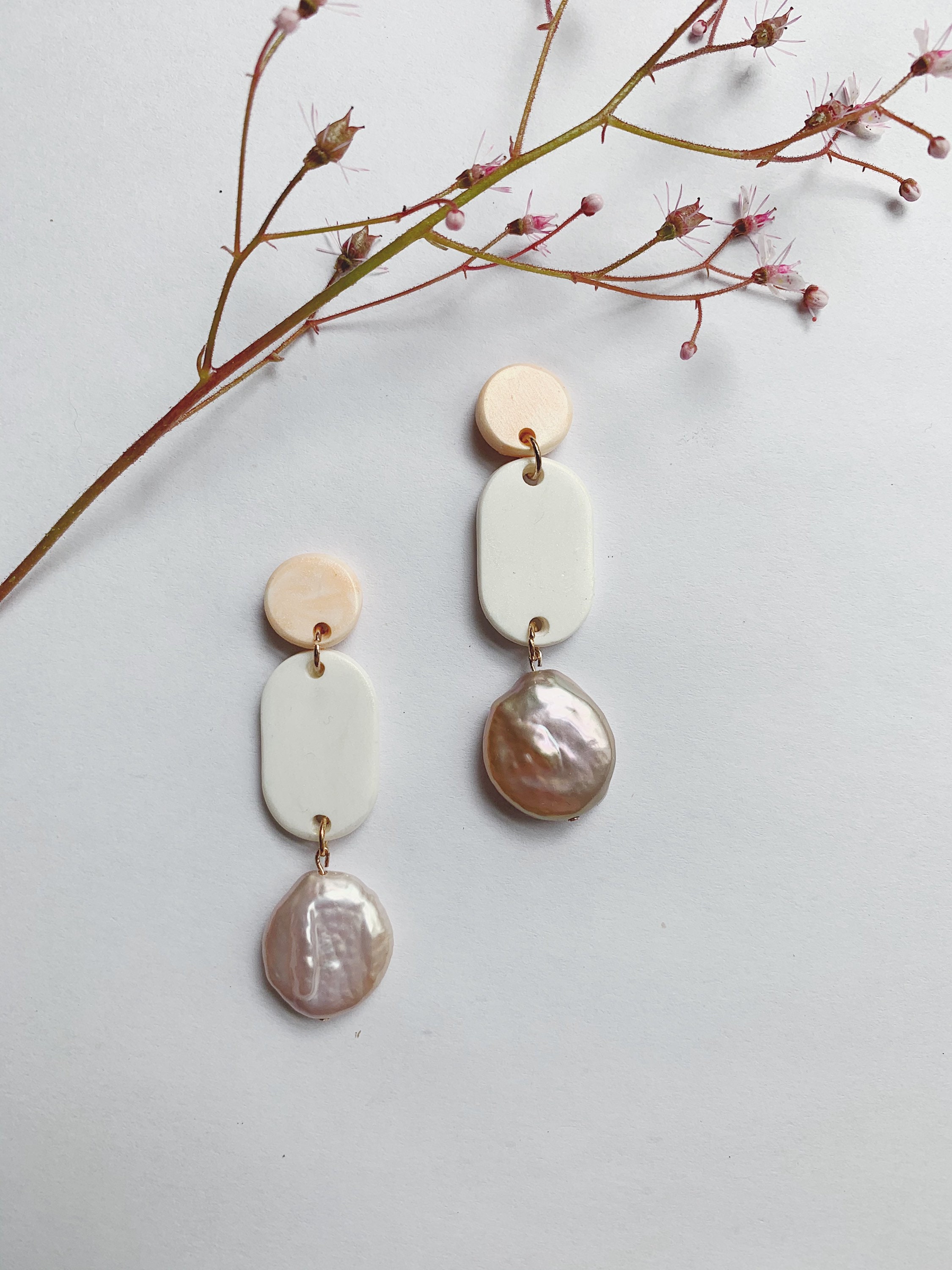 The Ava Peach Pink and White Pearl Polymer Clay Earrings - Etsy UK