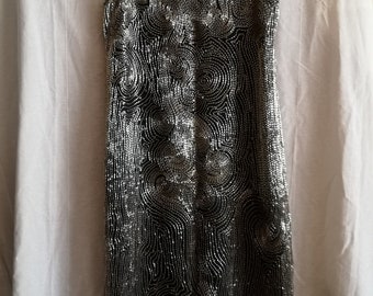 Designer Halston vintage 1980's silk organza silver bugle beaded tank dress. Handbeaded made in India. Featured in Vogue