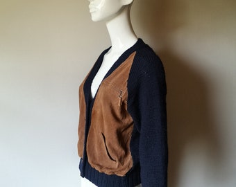 Seltene 1980er Ralph Lauren Prairie Wolle und Wildleder handgestrickte italienische Strickjacke