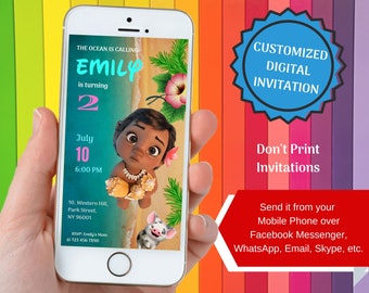 Baby Moana Birthday Invitation For Smartphones, Personalized Digital File To Send via Facebook Messenger, WhatsApp, Skype, Email, etc.