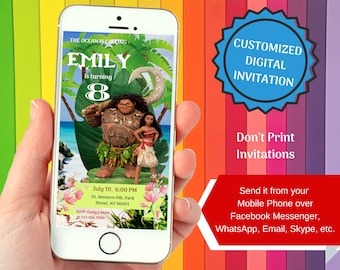 Moana 1 Birthday Invitation For Smartphones, Personalized Digital File To Send via Facebook Messenger, WhatsApp, Skype, Email, etc.