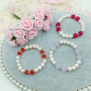 3 Multicolor Gemstone Cultured Freshwater Pearl Stretch Bracelets 7.5&quot; - Lavender, Purple, Orange