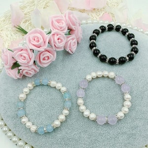 3 Multicolor Gemstone Cultured Freshwater Pearl Stretch Bracelets 7.5&quot; - Lavender, Wathet Blue, Black