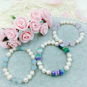 3 Multicolor Gemstone Cultured Freshwater Pearl Stretch Bracelets 7.5&quot; - Lavender, Wathet Blue, Multicolor