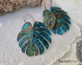 Aged Patina COPPER Monstera Leaf Dangle Earrings for Women, Rustic Patina Copper Earrings, Nature Inspired Gift for Her, Pure Boho Style