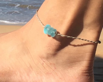 Aqua Blue Sea Glass Pebble Anklet or Bracelet, Metal Free and Waterproof Hand Spun Cord, Beach and Island Ready, Handmade in the Caribbean