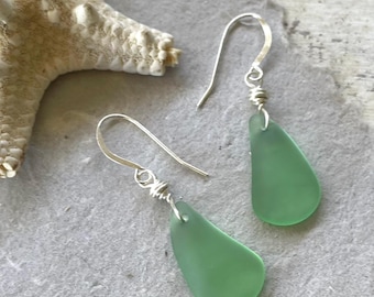 Handmade Peridot Green Sea Glass Earrings, Sterling Silver Hooks, Beach Jewelry