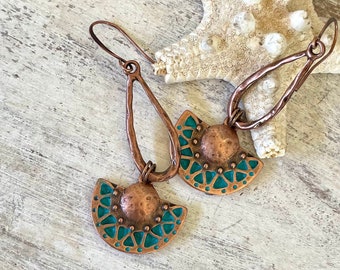 Artisan Hand Painted Patina Copper Dangle Earrings for Women, Rustic Azteca Earrings, Textile Art Inspired Gift for Her, Boho Style