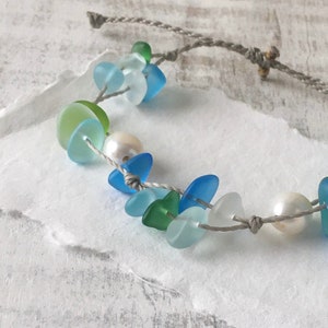 Freshwater Pearl and Sea Glass Bracelet or Anklet on Handspun Cord, Beachy Ocean Jewelry, Handmade in the Caribbean, Gift for Women and Mom