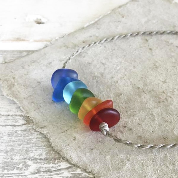Rainbow Chakra Sea Glass Pebble Beach Bracelet or Anklet in Your Choice of Size, Adjustable, Waterproof and Metal Free, Casual Island Style
