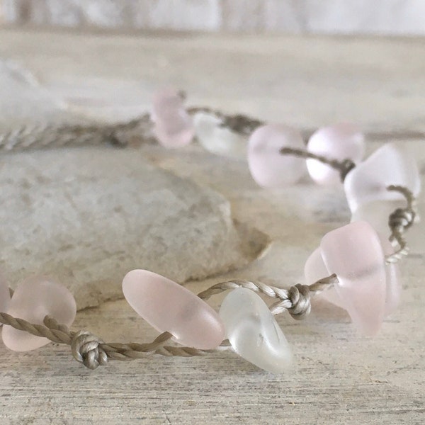 Pink Sea Glass Pebble Bracelet or Anklet on Handspun Cord, Waterproof and Metal Free, Casual Island Style, Handmade in the Caribbean