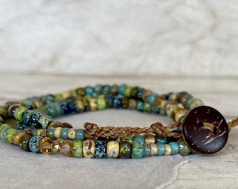 Beaded Wrap Bracelet Necklace: Rain Forest Seed Beads, Boho Style