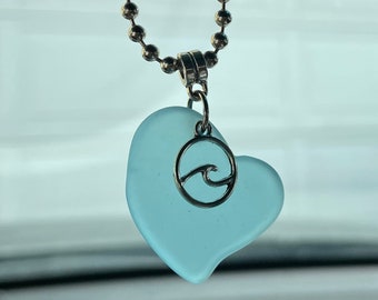 Blue SEA GLASS Heart Rearview Mirror Car Accessory with Wave or Turtle Charm, Car Ornament, Suncatcher, Hanging Decor, Beachy Gift for Women
