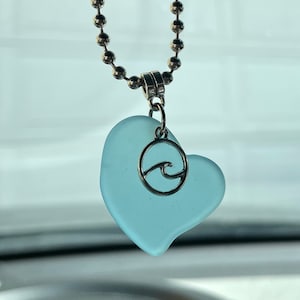 Blue SEA GLASS Heart Rearview Mirror Car Accessory with Wave or Turtle Charm, Car Ornament, Suncatcher, Hanging Decor, Beachy Gift for Women