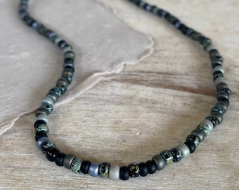 Men's Beaded Necklace: Midnight Black Seed Beads, Coconut Button