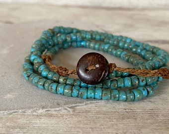 Turquoise Beaded WRAP Bracelet or Necklace for Men and Women, Great for Layering and Stacks, Beachy Boho Chic, Trendy Island Surfer Style