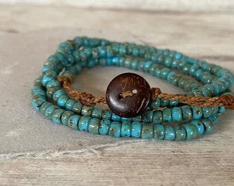 Türkis Perlen Wickelarmband Halskette: Boho Island Style