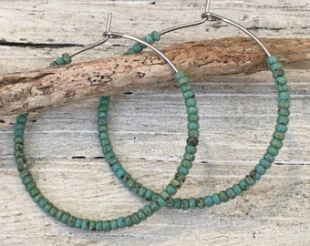 Turquoise Seed Bead Hoop Earrings, Stainless Steel (34mm)