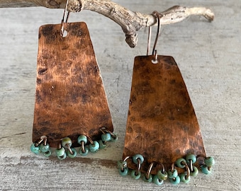 Hammered Copper Dangle Earrings: Turquoise Beaded Boho Jewelry