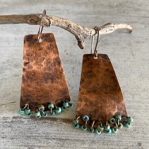 Hammered COPPER and Turquoise Beaded Dangle Earrings, Handmade Rustic Southwestern Boho Style Statement Jewelry. Gift for Women