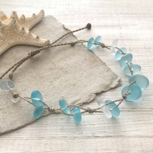 Aqua Blue SEA GLASS Pebble Bracelet/Anklet on Hand Spun Rope, Waterproof, Metal Free, Island Style, Handmade in the Caribbean, Women's Gift