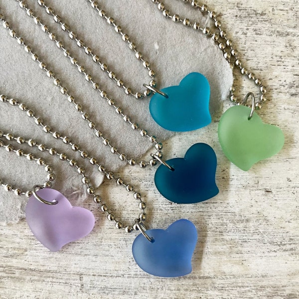 Dainty Sea Glass Heart Necklace, Stainless Steel Ball Chain