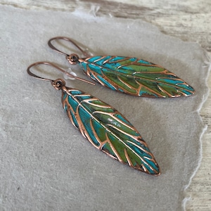 Hand Painted COPPER Leaf Dangle Earrings for Women, Rustic Patina Copper Earrings, Nature Inspired Gift for Her, Pure Boho Style
