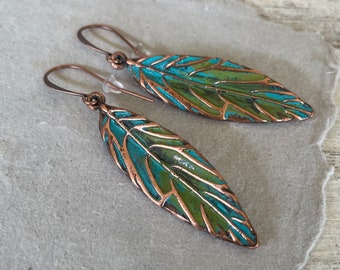 Hand Painted COPPER Leaf Dangle Earrings for Women, Rustic Patina Copper Earrings, Nature Inspired Gift for Her, Pure Boho Style