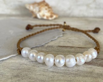 Freshwater PEARL Bracelet or Anklet on Hand Spun Rope for Men and Women, Handmade Casual Island and Beachy Boho Jewelry, Gift for Him or Her