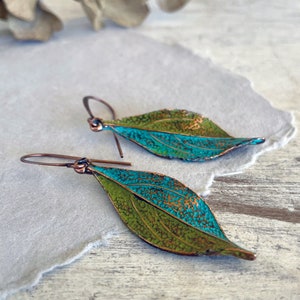 Handpainted Patina COPPER Leaf Dangle Earrings for Women, Rustic Patina Copper Earrings, Nature Inspired Gift for Her, Pure Boho Style