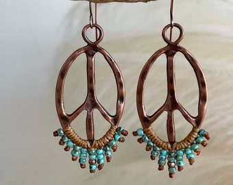 BEADED Hippie Peace Sign Dangle Earrings in Copper or Silver, Funky Boho Style, Lightweight Everyday Earrings, Great Gift for Women