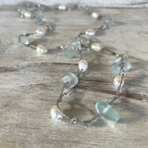 Mint Green Sea Glass and Freshwater Pearl 22 Inch Necklace, Wrap Bracelet or Anklet, Island and Beach Jewelry, Handmade in the Caribbean