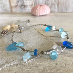 Mixed Blues Sea Glass Pebble Bracelet or Anklet on Handspun Cord, Waterproof and Metal Free, Casual Island Style, Handmade in the Caribbean