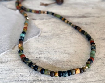 Men's Necklace, Men's BEADED Necklace, Metal Free Necklace, Adjustable Coconut Button, Earthy Rustic Glass SEED Beads, Surfer Gift for Men